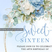 Minimal Script Dusty Blue Floral Sweet 16 Birthday Einladung