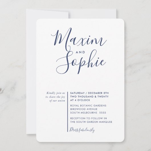 MINIMAL SCRIPT einfache moderne Hochzeitsnacht bla Einladung (Vorderseite)