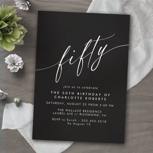 Minimal Script Elegant Modernes Schwarzes 50. Gebu Einladung