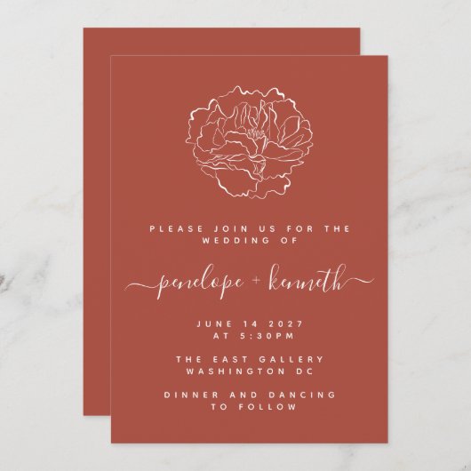 Minimal Script floral Art Wedding | Terracotta Einladung (Vorne/Hinten)