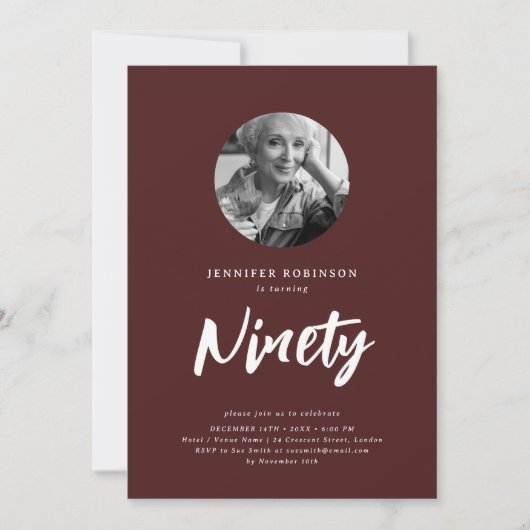 Minimal Script Foto 90th Birthday Party Burgundy Einladung (Vorderseite)