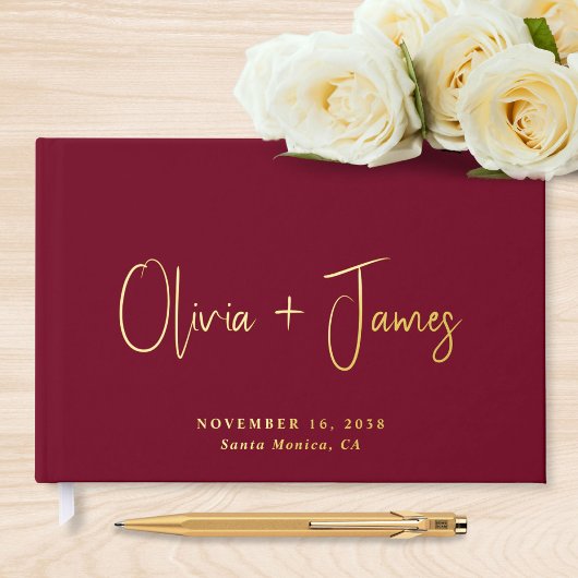 Minimal Script Foto Burgundy Wedding Gästebuch