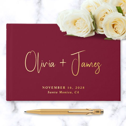 Minimal Script Foto Burgundy Wedding Gästebuch