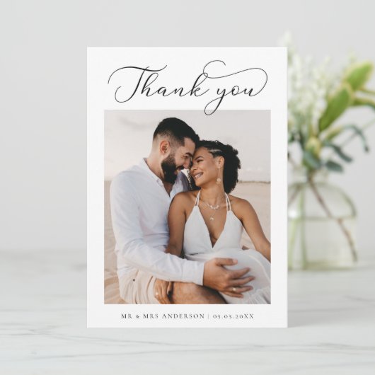 Minimal Script Foto Hochzeit Danke Karte (Stehend Vorderseite)