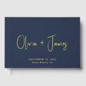 Minimal Script Foto Navy Blue Wedding Gästebuch (Vorderseite)