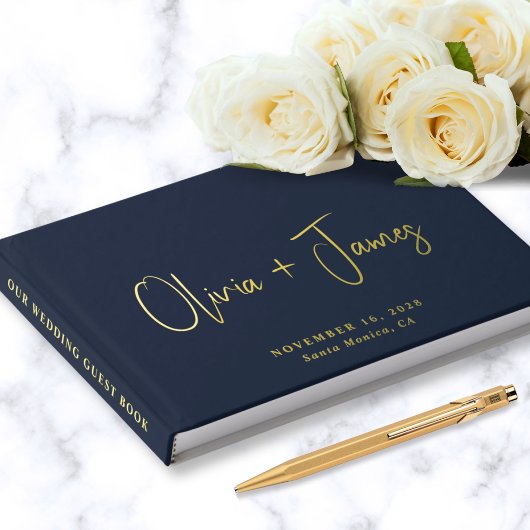 Minimal Script Foto Navy Blue Wedding Gästebuch