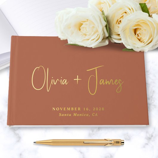 Minimal Script Foto Terracotta Wedding Gold Gästebuch