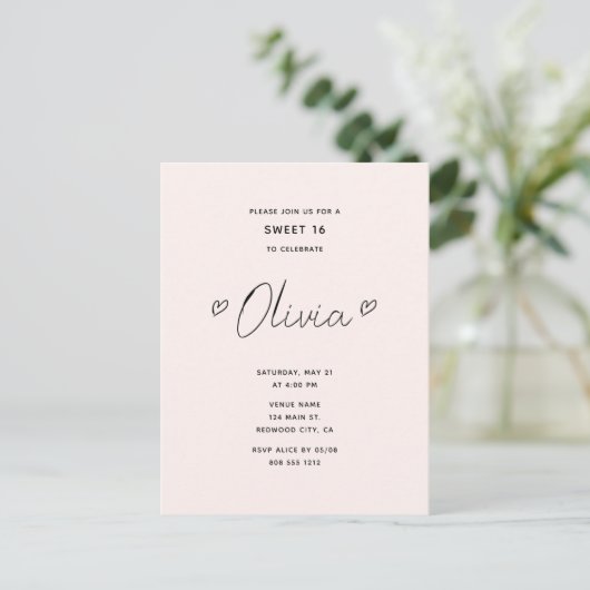 Minimal Script Heart Pink Sweet 16 Postkarte (Stehend Vorderseite)