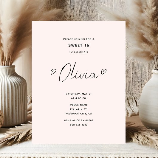 Minimal Script Heart Pink Sweet 16 Postkarte