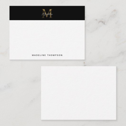 Minimal Script Metallic Black Gold Monogram Mitteilungskarte (Vorne/Hinten)