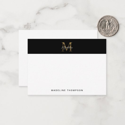 Minimal Script Metallic Black Gold Monogram Mitteilungskarte (Vorderseite/Rückseite Beispiel)