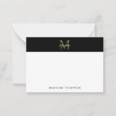 Minimal Script Metallic Black Gold Monogram Mitteilungskarte (Vorderseite)