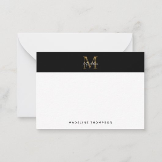 Minimal Script Metallic Black Gold Monogram Mitteilungskarte (Vorderseite)