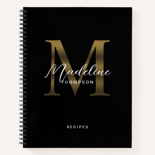 Minimal Script Metallic Black Gold Monogram Rezept Notizblock (Vorderseite)