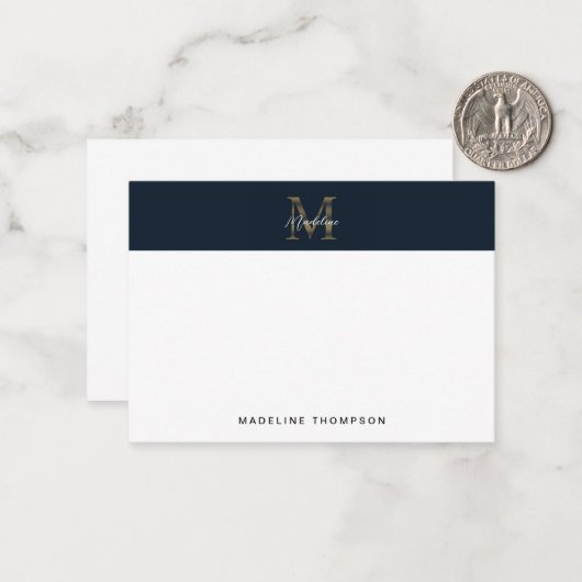 Minimal Script Metallic Navy Blue Gold Monogram Mitteilungskarte (Vorderseite/Rückseite Beispiel)