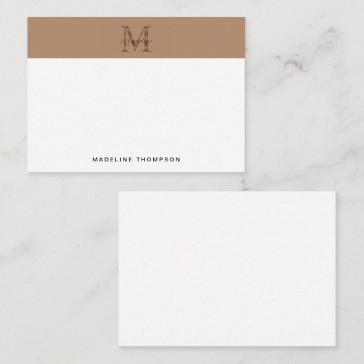 Minimal Script Metallic Taupe Gold Monogram Mitteilungskarte (Vorne/Hinten)