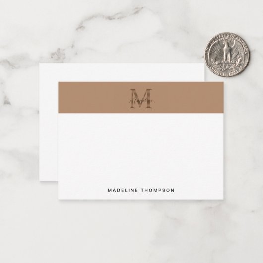 Minimal Script Metallic Taupe Gold Monogram Mitteilungskarte (Vorderseite/Rückseite Beispiel)