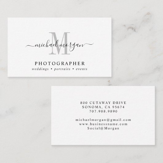 Minimal Script Monogram Photographer Visitenkarte (Vorne/Hinten)