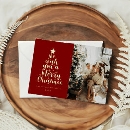 Minimal Script Red Gold Real Foil Frohe Weihnachte Folien Feiertagskarte