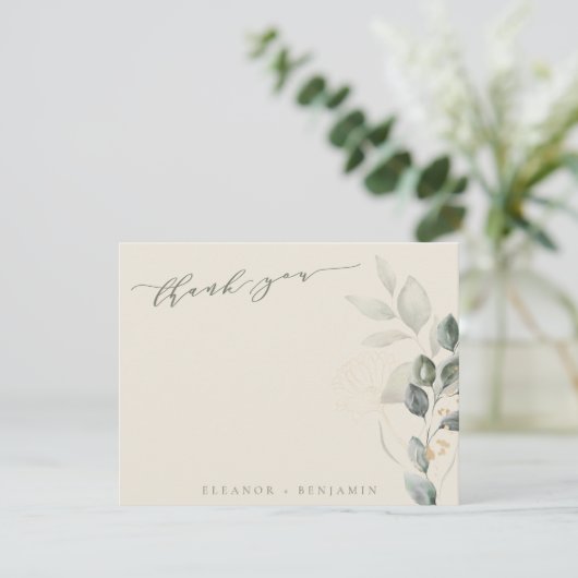Minimal Script Rustic Gold Greenerity Flat Wedding Dankeskarte (Stehend Vorderseite)