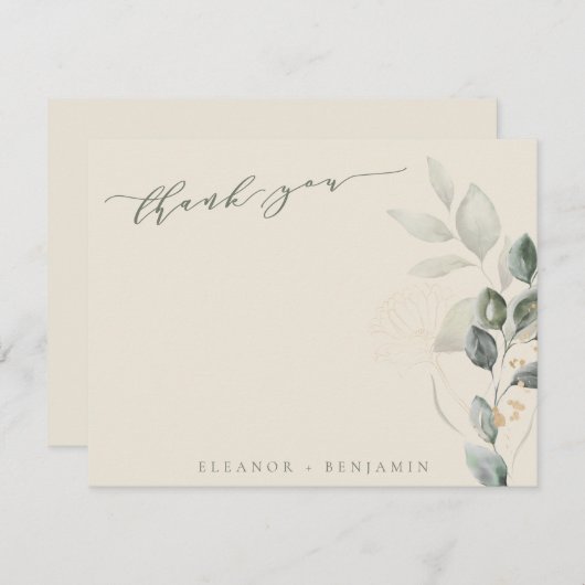 Minimal Script Rustic Gold Greenerity Flat Wedding Dankeskarte (Vorne/Hinten)