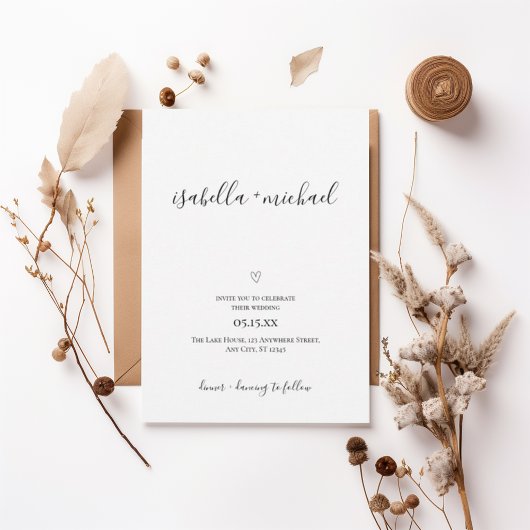 Minimal Script Wedding Invitation with Heart  Einladung