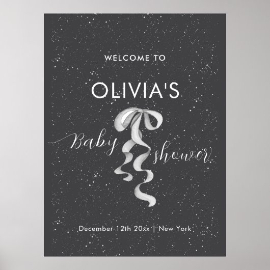 Minimal Silver Bow Winter Snow Baby Shower Welcome Poster (Vorne)