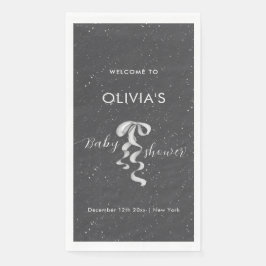 Minimal Silver Bow Winter Snow Baby Shower Welcome Serviette