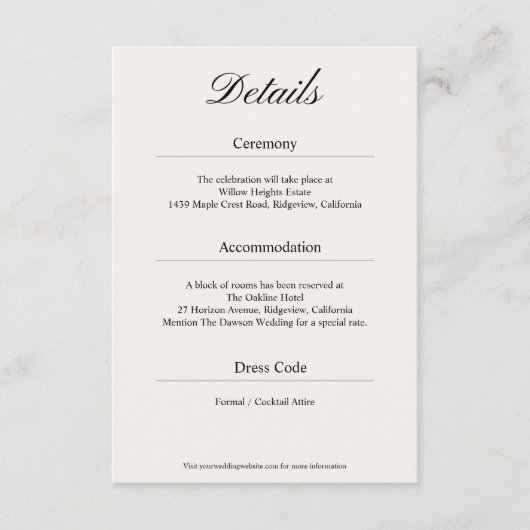 Minimal Simple Black and White Wedding Details Begleitkarte (Vorderseite)