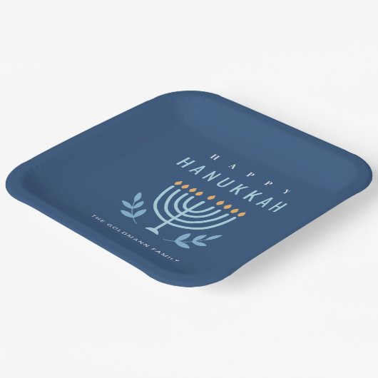 Minimal Simple Blue Menorah Candles Happy Hanukkah Pappteller (Gewinkelt)