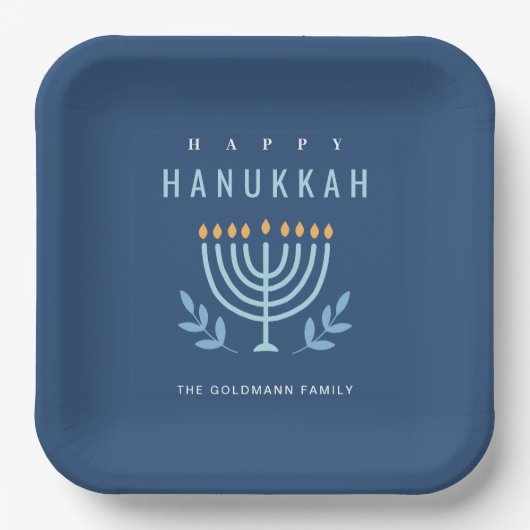 Minimal Simple Blue Menorah Candles Happy Hanukkah Pappteller (Vorderseite)