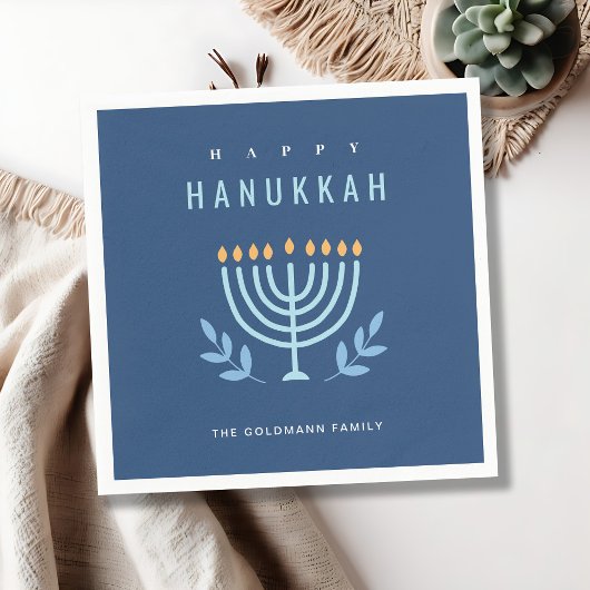 Minimal Simple Blue Menorah Candles Happy Hanukkah Serviette