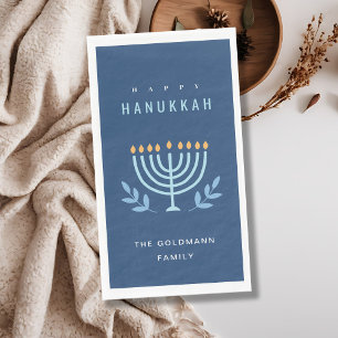 Minimal Simple Blue Menorah Candles Happy Hanukkah Serviette