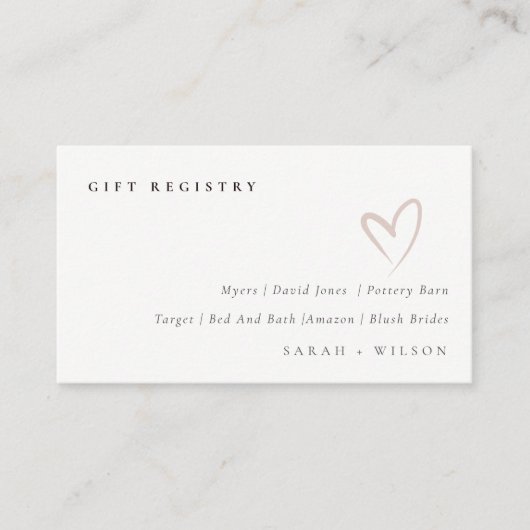 Minimal Simple Blush Heart Wedding Gift Registry Begleitkarte (Vorderseite)