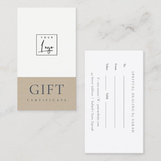 Minimal Simple Kraft Logo Gift Certificate Visitenkarte (Vorne/Hinten)