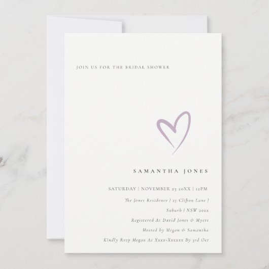Minimal Simple Lavender Heart Brautparty laden Dankeskarte (Vorderseite)