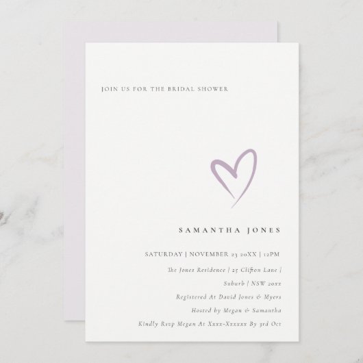 Minimal Simple Lavender Heart Brautparty laden Dankeskarte (Vorne/Hinten)