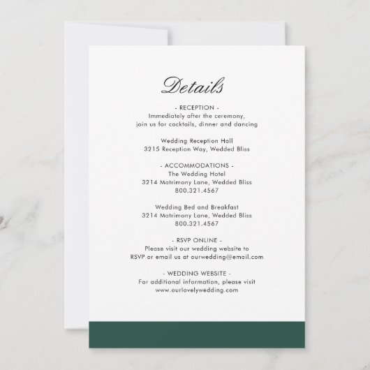 Minimal smaragdgrüne Moderne in einer Hochzeit Einladung (Rückseite)