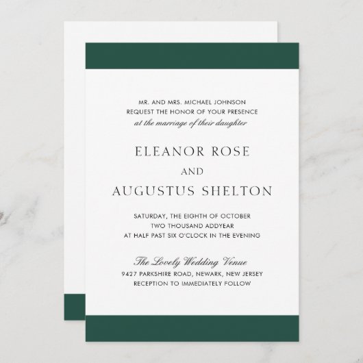 Minimal smaragdgrüne Moderne in einer Hochzeit Einladung (Vorne/Hinten)