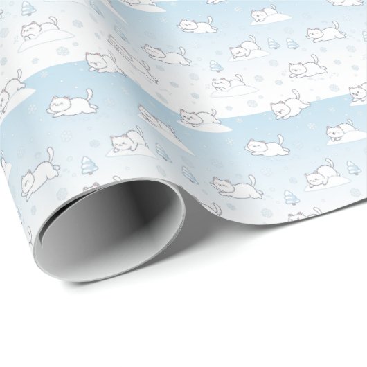Minimal Snowflake White Cats Winter Blue & White Geschenkpapier (Rolleneckpunkt)