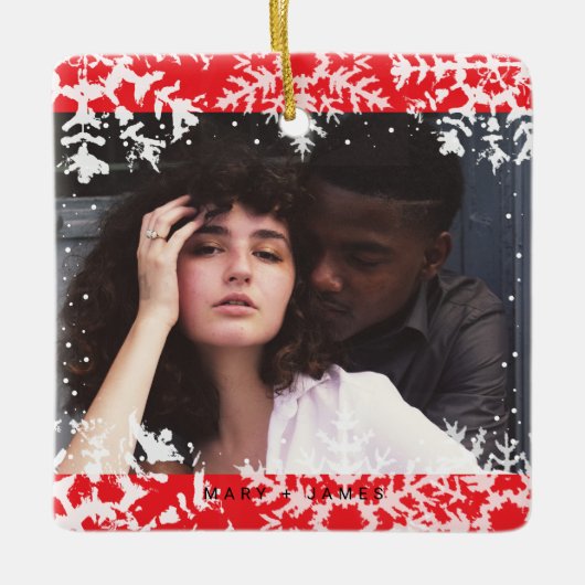 Minimal Snowflakes Frame | Merry and Married Photo Keramikornament (Vorderseite)