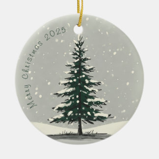 Minimal Snowy Christmas Tree Winter Watercolor Keramik Ornament