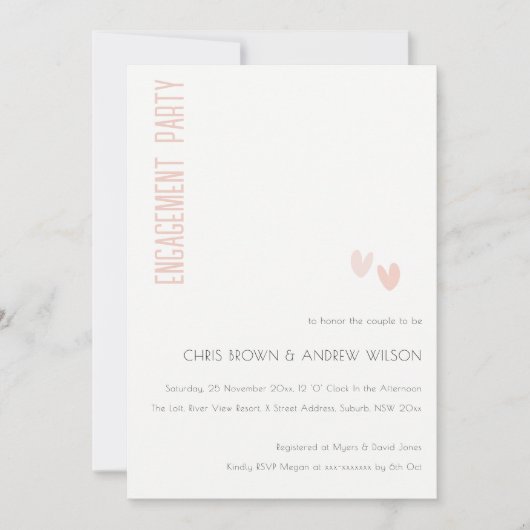 Minimal Soft Elegant Dusky Rosa Herz Verlobung Einladung (Vorderseite)