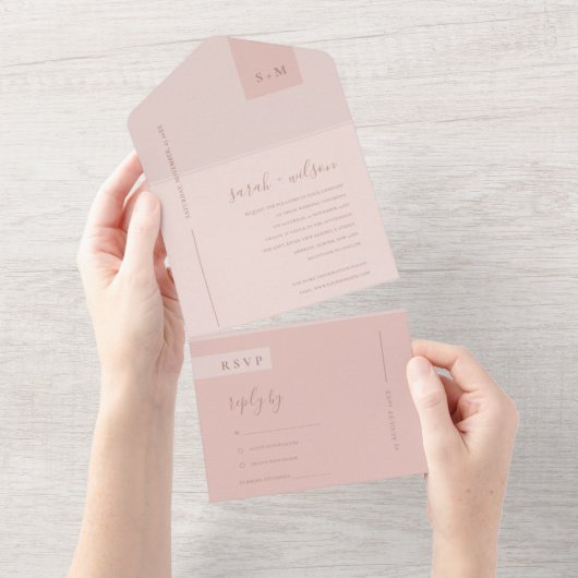 MINIMAL SOFT PASTEL BLUSH DUSKY PINK WEDD ALL IN ONE EINLADUNG (Abreißen)