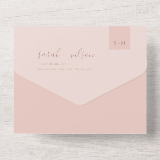 MINIMAL SOFT PASTEL BLUSH DUSKY PINK WEDD ALL IN ONE EINLADUNG (Rückseite)