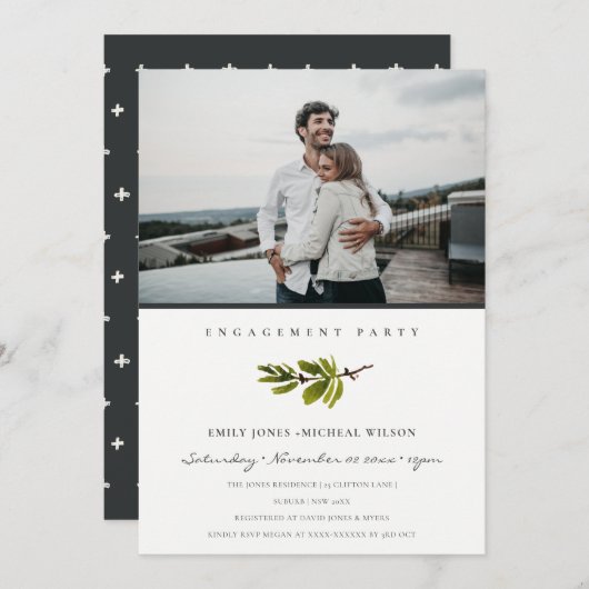 Minimal Soft Pine Branch Foto Verlobung einladen Dankeskarte (Vorne/Hinten)