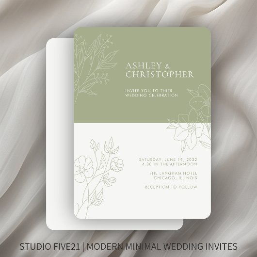Minimal Soft Sage Foliage Kontur Hochzeit Einladung