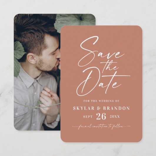 Minimal Solid Clay Terracotta Colour Wedding Save The Date (Vorne/Hinten)