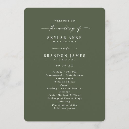 Minimal Solid Monstera Green Wedding Zeremonie Programm (Vorderseite)