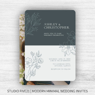 Minimal Space Gray Foliage Kontur Foto Hochzeit Einladung